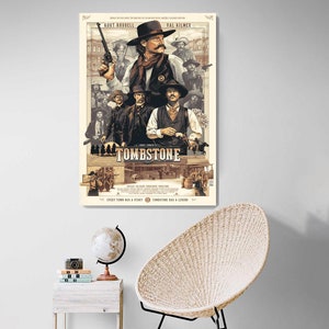 May include: A vintage-style movie poster for the film "Tombstone" featuring Kurt Russell and Val Kilmer. The poster is illustrated in a sepia tone with a western town scene in the background. The text "Tombstone" is in a large, bold font.