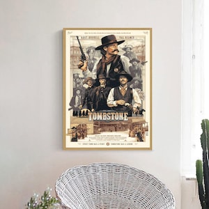 May include: A vintage-style movie poster for the film "Tombstone" featuring Kurt Russell and Val Kilmer. The poster is a collage of images from the film, including a close-up of Kurt Russell as Wyatt Earp, and a scene from the film with Val Kilmer as Doc Holliday. The poster is set against a backdrop of a Western town.