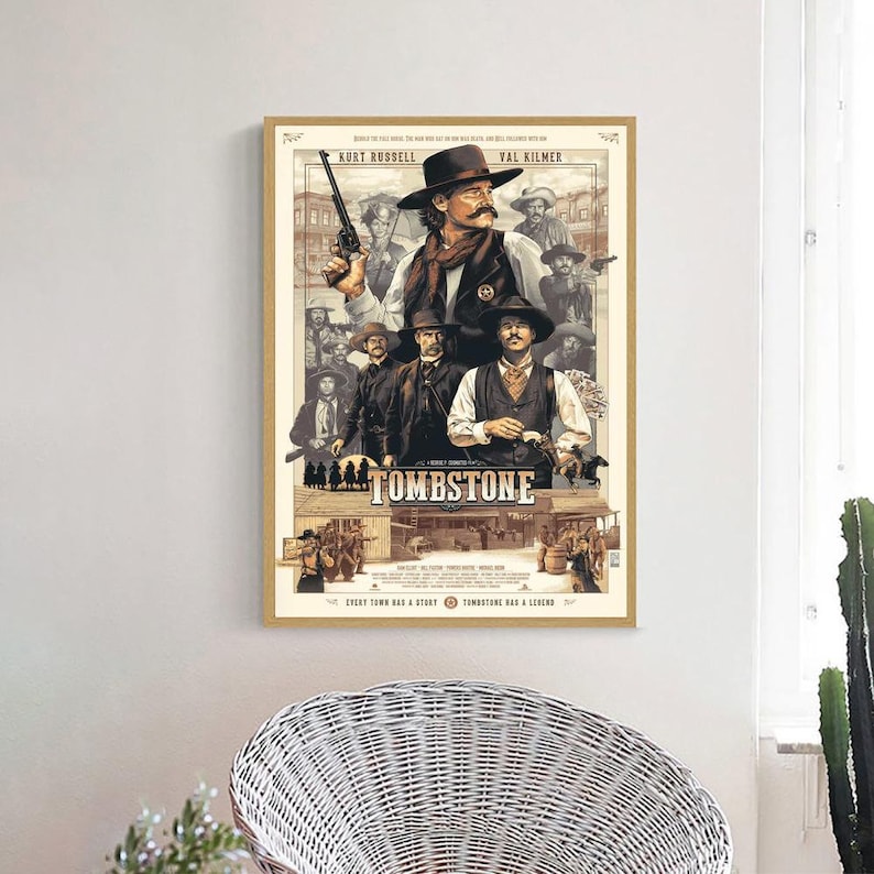 May include: A vintage-style movie poster for the film "Tombstone" featuring Kurt Russell and Val Kilmer. The poster is a collage of images from the film, including a close-up of Kurt Russell as Wyatt Earp, and a scene from the film with Val Kilmer as Doc Holliday. The poster is set against a backdrop of a Western town.