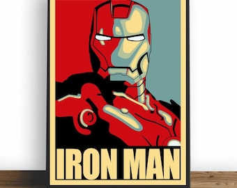 May include: A red, yellow, and blue poster with a stylized image of Iron Man's face. The poster has the text "IRON MAN" in large, bold, yellow letters.