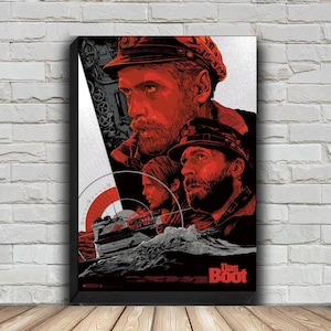 May include: A poster for the film "Das Boot" featuring three men in navy blue uniforms with red accents. The men are looking out at a submarine in the ocean. The poster has a red and white colour scheme with a black background.