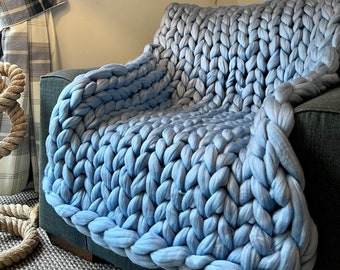 SPECIAL OFFER Handmade Chunky Knit Blanket in Sky Blue. Sofa Throw. Chunky Knit Bed Runner. Arm Knitted Blanket. Christmas Gifts Ideas.