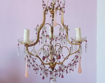 French chandelier with amethyst beaded swags and pink Murano drops