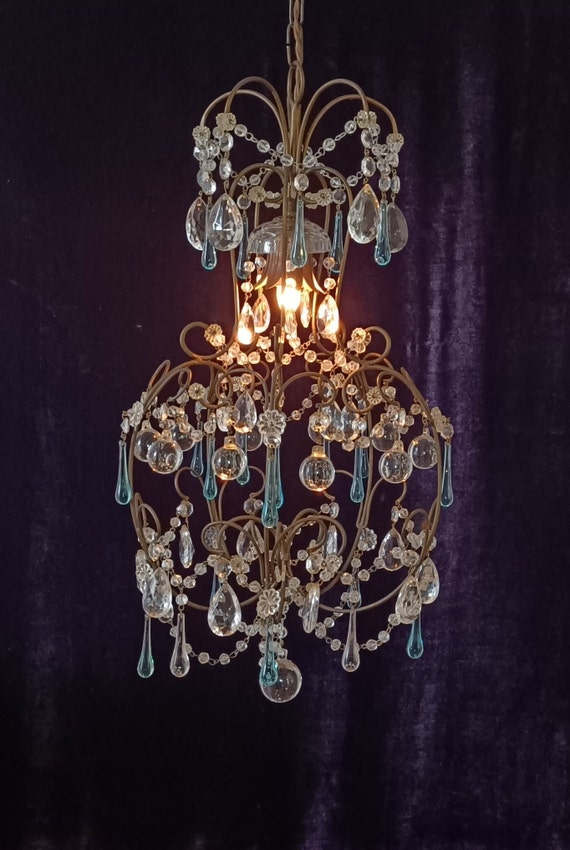 Italian bird cage chandelier with aqua blue Murano drops