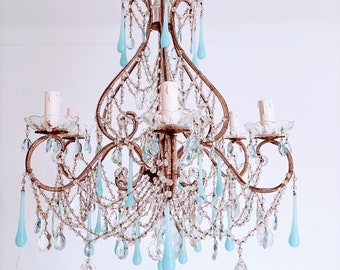 Stunning large beaded 6 arm french chandelier with real murano aqua opaline drops, Hollywood regency chandelier