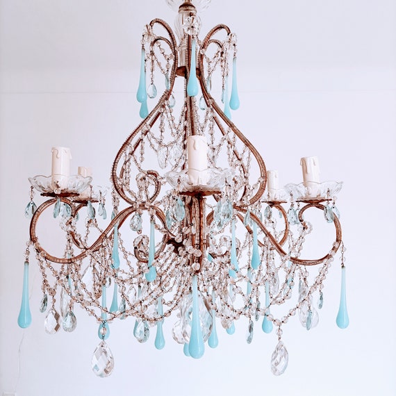 Stunning large beaded 6 arm french chandelier with real murano aqua opaline drops, Hollywood regency chandelier