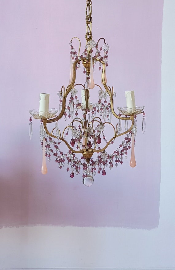 French chandelier with amethyst beaded swags and pink Murano drops