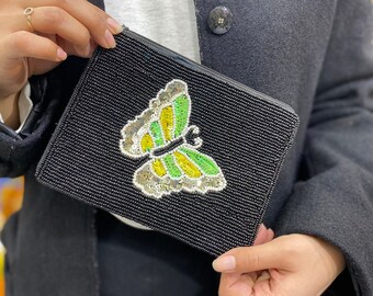 Butterfly Embroidered Black Beaded Wallet with zipper