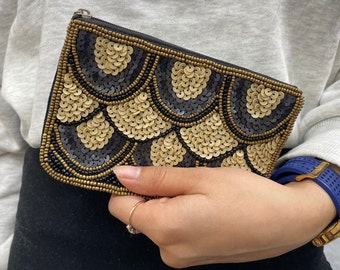 Embroidered Black Beaded MINI Purse with zipper