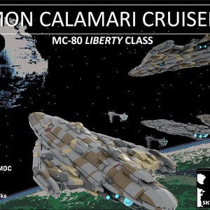 May include: A Lego model of a Mon Calamari Cruiser, MC-80 Liberty Class, with a dark grey, light grey, and tan colour scheme. The model is 2,993 pieces and includes design and instructions by Skylab Bricks.