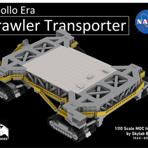 May include: A gray and yellow Lego model of the Apollo Era Crawler Transporter. The model is 1:110 scale and includes the text "1:110 Scale MOC Instructions by Skylab Bricks V3.6.0 - 8/24".