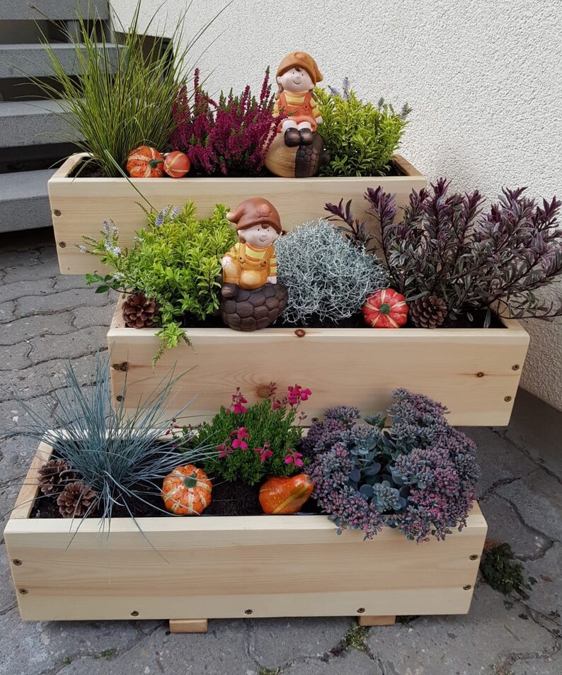 Handmade wooden raised trough planter set for flowers