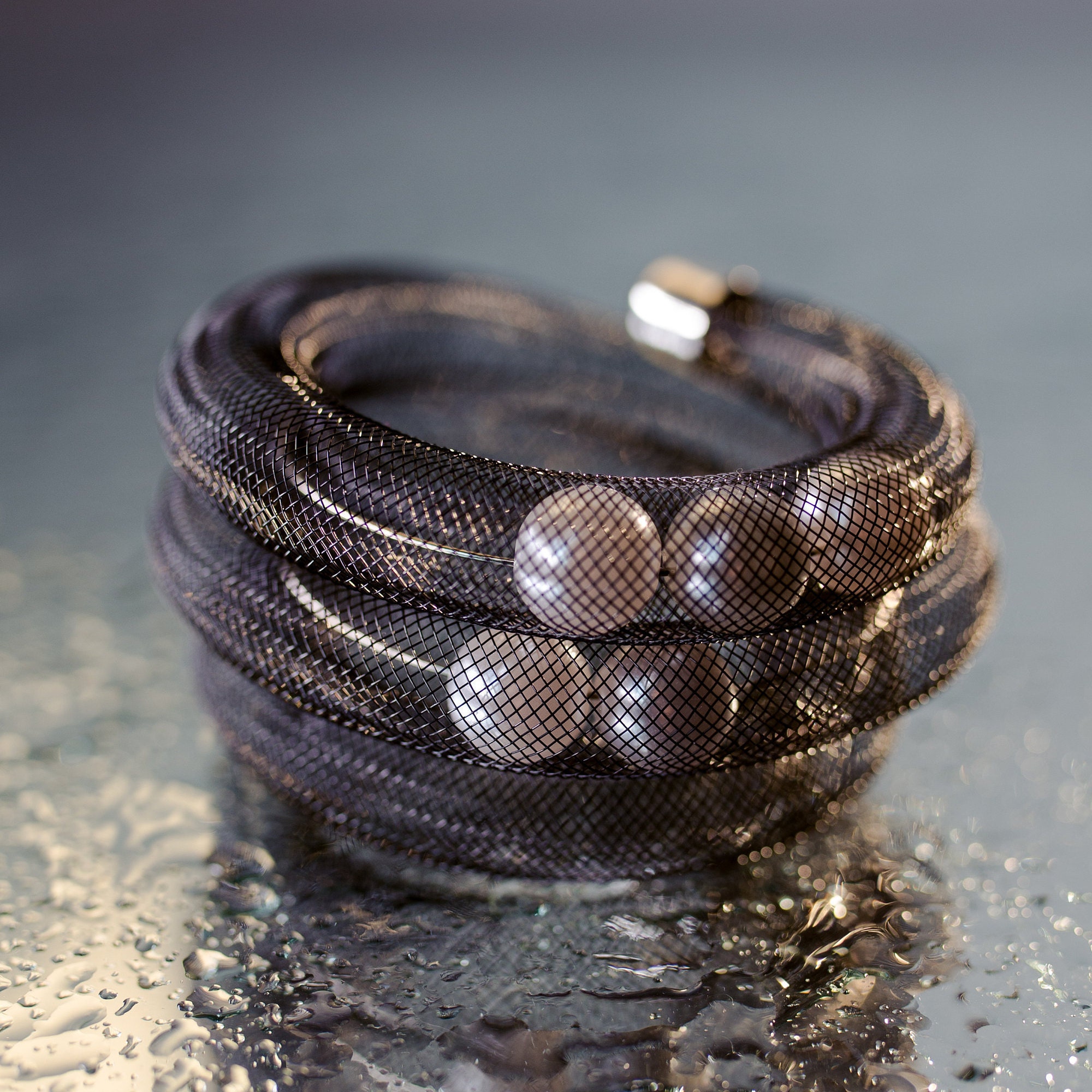 3 turns large mesh nylon bracelet with pearls Black wrist Etsy