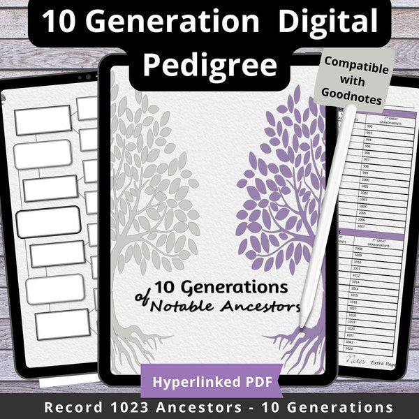 10 Generation Genealogy Chart Template, Genealogy Research Forms Digital Download, Ancestry Tracker Printable Family Tree, Grey Purple White