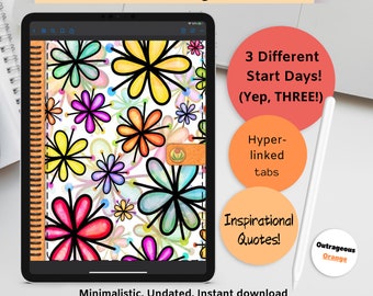 Floral Digital Planner: Undated, Trackers, Quotes (Hyperlinked PDF)