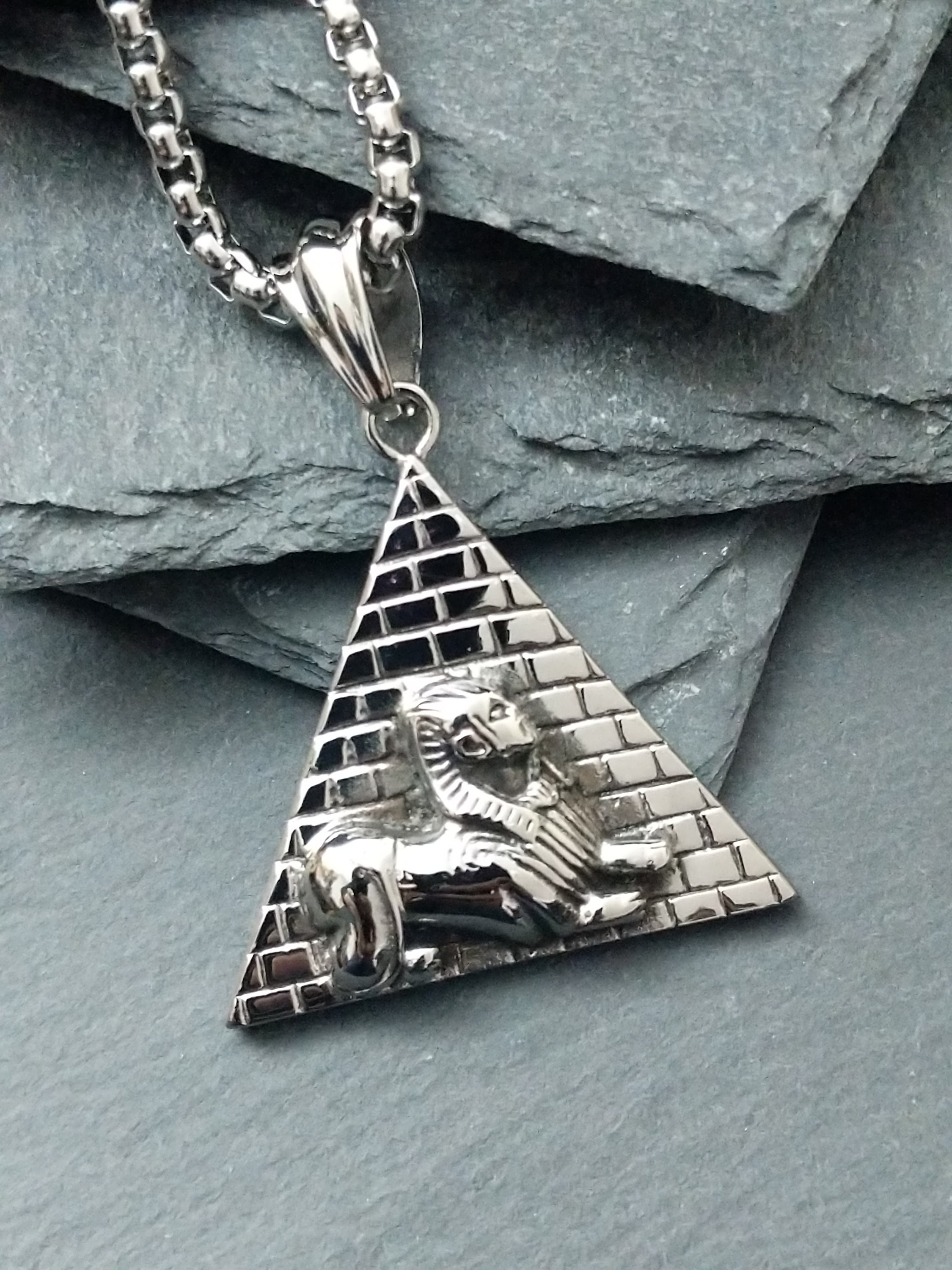 Mens Silver Heavy Egyptian Pharaoh Pyramid Sphinx Stainless Steel