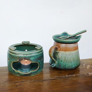 Calentador de café de cerámica / Calentador de tazas para velas de té / Calentador de velas de cerámica / Regalo de Navidad para amantes del café / Taza de café de cerámica con soporte para cuchara