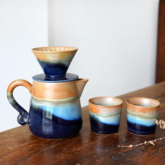 Large 31oz  / Family Size Dripper with Jug,Blue Ceramic Pour Over ,Pour Over Coffee Maker Set,Gift for Coffee Lovers,Christmas gift
