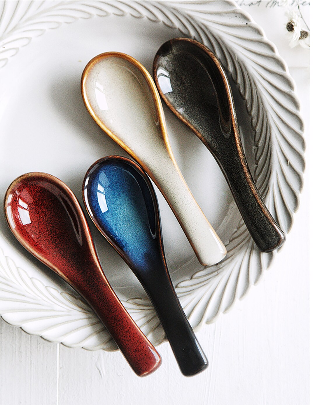 Japanese Ceramic Soup Spoons Set Long Handle Rice Spoons Retro Etsy