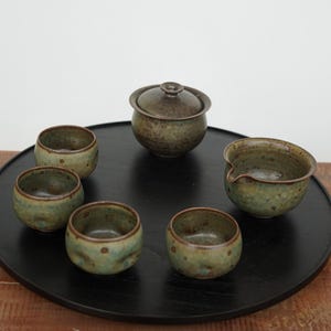 Wheel Thrown Pottery Gaiwan Tea Set, Rustic Blue-Green Glaze Gongfu Ceremony Set