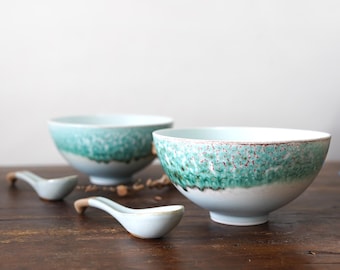33Oz  Large Ceramic Ramen Bowl with spoon chopstick,Turquoise-light blue Noodle bowl,Salad Serving Bowl,Japanese Noodle Soup ,New Home Gift