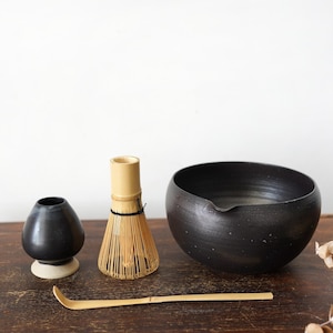 Handmade Ceramic mixing bowl / Pottery matcha bowl with bamboo whisk scoop set / 22oz Black Chawan / Christmas Gifts/ Tea Ceremony Set