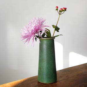 Könnte beinhalten: Eine grüne Keramikvase mit einer hellrosa Chrysantheme und einem Stiel mit roten Beeren. Die Vase ist zylindrisch mit einem leicht ausgestellten oberen Rand. Die Blumen stehen auf einer Holzoberfläche.