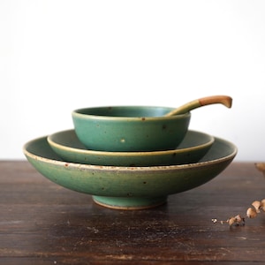 Rustic Green Ceramic Dinnerware Set – Ceramic Bowl, Plate, and Spoon,Dinner set for 1 person,ceramic plate and bowl set