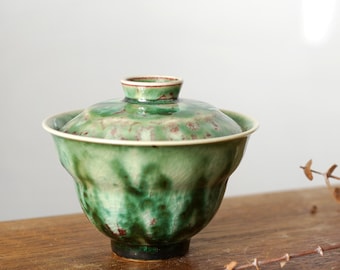 Handmade Chinese Gaiwan Tea Set, Green Glaze Ceramic Gaiwan with Cups, Gongfu Tea Ceremony Set, Wabi Sabi Tea Ware, Gift for Tea Lovers