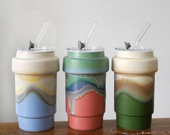 Large Ceramic Tumbler with Handle & Straw Lid, 19oz Pottery Tumbler,Travel ceramic Mug,Coffee Travel Mug, Commuter Mug,Christmas gift
