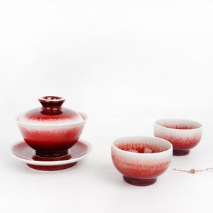 Langyao Hong Gaiwan Tea Set – Handmade Jingdezhen Porcelain – Lang Kiln Red Gongfu Tea Set with  Cups – Qing Dynasty Inspired
