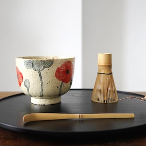 Handmade Matcha Bowl with hand painted Red Poppy Flowers – Chawan with Bamboo Whisk & Scoop – Rustic Ceramic Matcha Set-Wabi Sabi decor