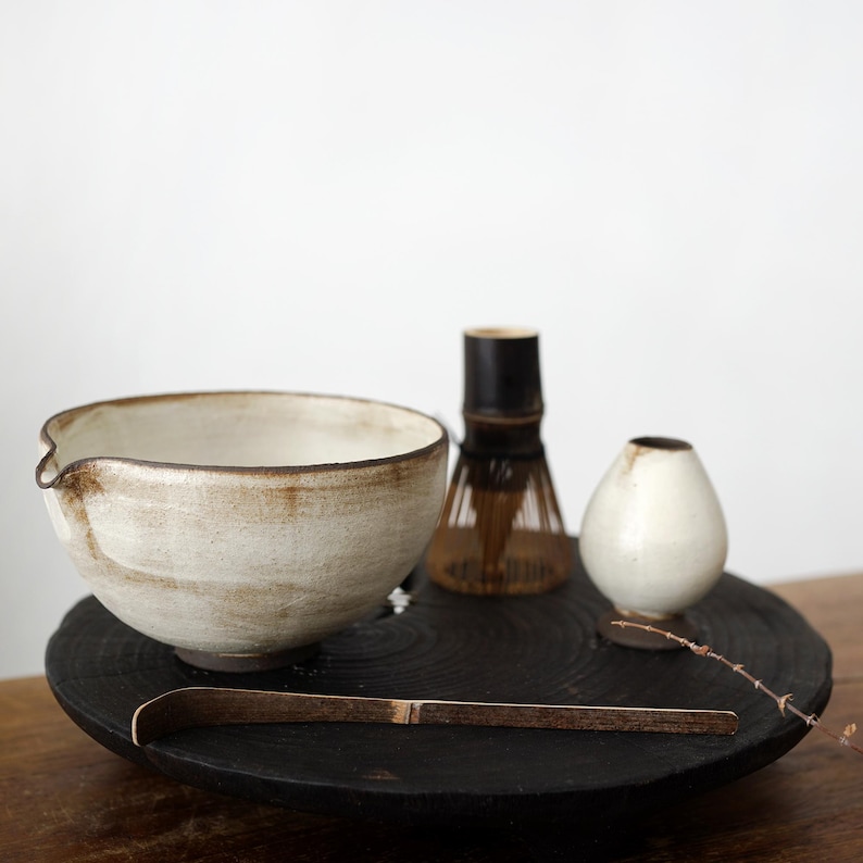 Handmade Ceramic mixing bowl / Pottery matcha bowl with bamboo whisk scoop set / Chawan / Birthday Gift/Japanese Tea Ceremony Set