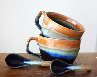 Large breakfast mug, 24 oz large noodle bowl with spoon, Ramen bowl,milk cereal cup,Breakfast Bowl with Rustic Glaze Finish,Fathers day gift