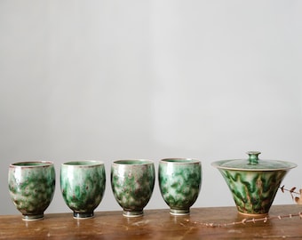 Green Gaiwan Tea Set, Handmade Ceramic Gongfu Tea Set with 4 Cups, Chinese Tea Ceremony Gift, Tea Lover Gift
