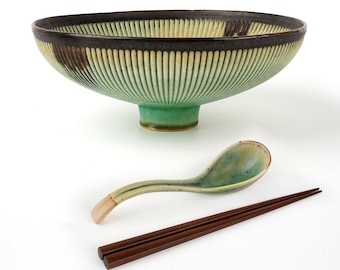 Cuenco de cerámica para ramen de 32 onzas, cuenco grande para sopa de fideos japonesa + palillos y cucharas de madera