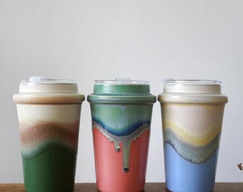 15oz Pottery Coffee Tumbler,Ceramic Travel Mug with Lid,Travel ceramic Mug,Coffee Travel Mug, Tea Travel Mug, Commuter Mug,Christmas gift