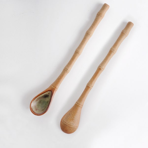 Stoneware Ceramic Coffee Spoon/Bamboo shape handle stir stick,Appetizer, Tapas, Mixing Spoon, Ceramic Long Handle Coffee Lover Spoon Rustic