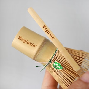 Personalized Bamboo Matcha Whisk Set with Leaf Charm, Engraved Scoop