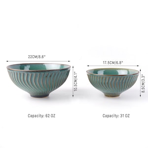 May include: Two green ceramic bowls with a wavy design. The larger bowl is 8.6 inches wide and 4.1 inches tall with a capacity of 62 ounces. The smaller bowl is 6.8 inches wide and 3.3 inches tall with a capacity of 31 ounces.