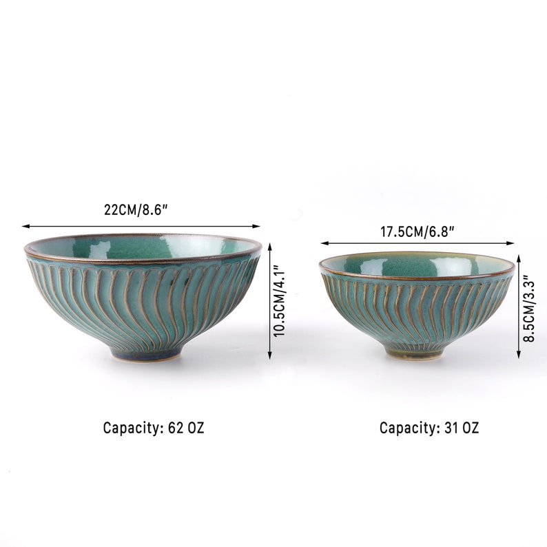 May include: Two green ceramic bowls with a wavy design. The larger bowl is 8.6 inches wide and 4.1 inches tall with a capacity of 62 ounces. The smaller bowl is 6.8 inches wide and 3.3 inches tall with a capacity of 31 ounces.