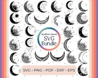 May include: A set of 20 black and white mystical moon SVG cut files. The moons are decorated with stars, sun, crystals, leaves, and other celestial elements. The text "Mystical Moons SVG Bundle" is in a circle with a pink, purple, and blue gradient.