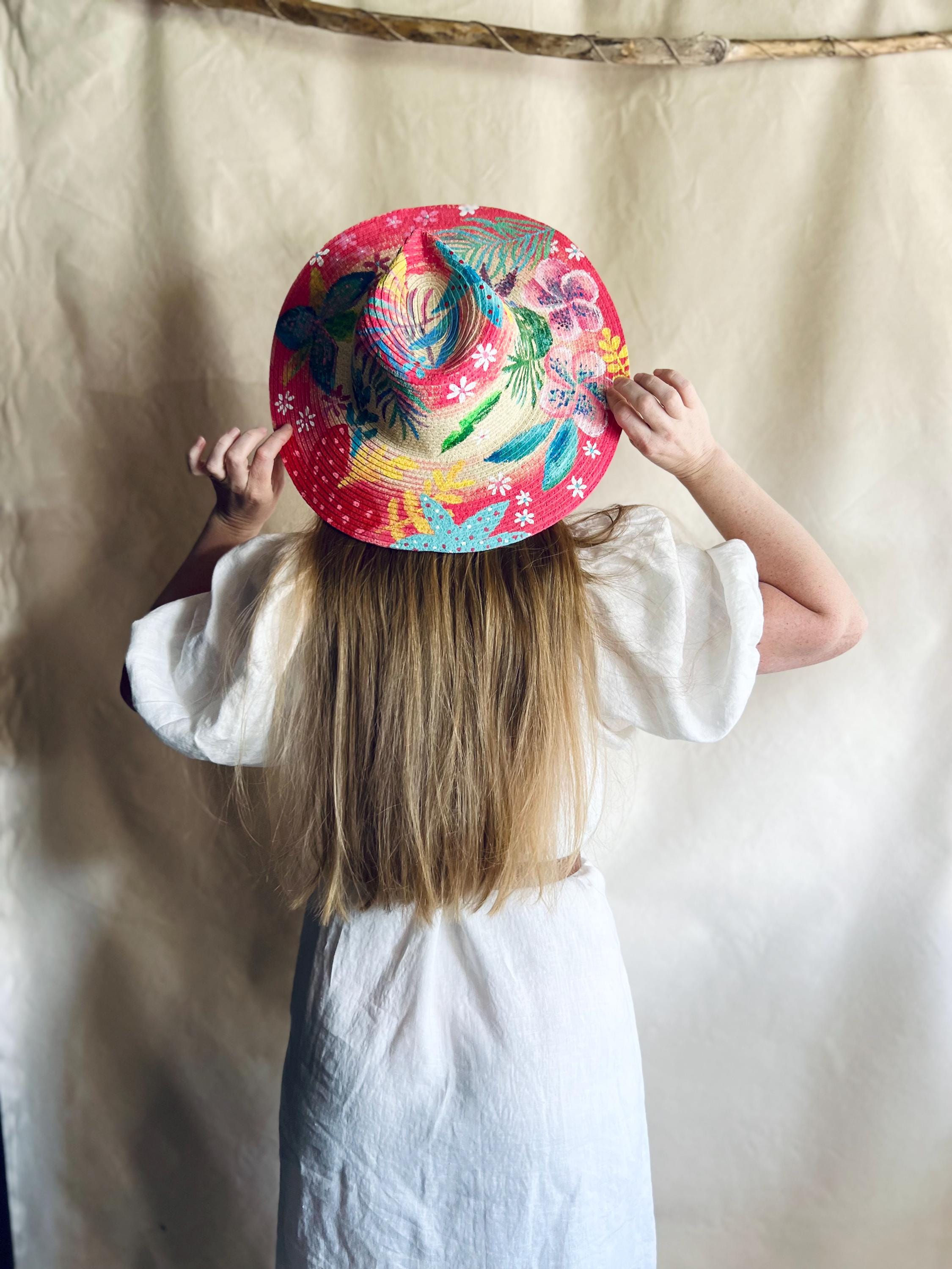 Hand-painted Tropical Sunhat: Wide Brim Boho Beach Hat - Etsy display picture 3