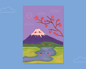Mount Fuji - Happy Fuji landscape - Cute Fuji art print - Chibi art print - Kawaii art print