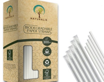 Naturalik 300 Pack wrap white Biodegradable Paper Straws Premium Eco-Friendly - Straws for Juices, Restaurants and Party Decorations