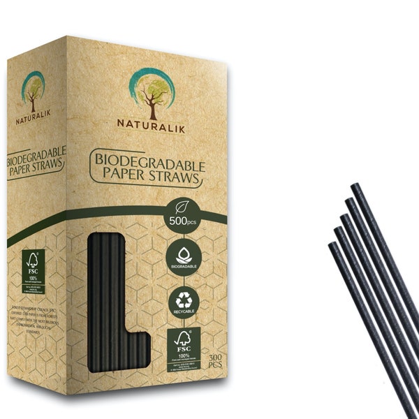 Naturalik 500 Pack black cocktail Biodegradable Paper Straws Premium Eco-Friendly - Straws for Juices, Restaurants and Party Decorations