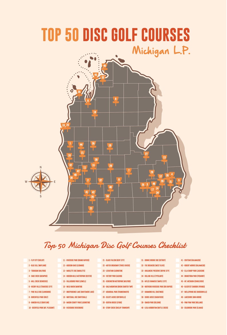 Disc Golf Top 50 Michigan Courses Map Etsy
