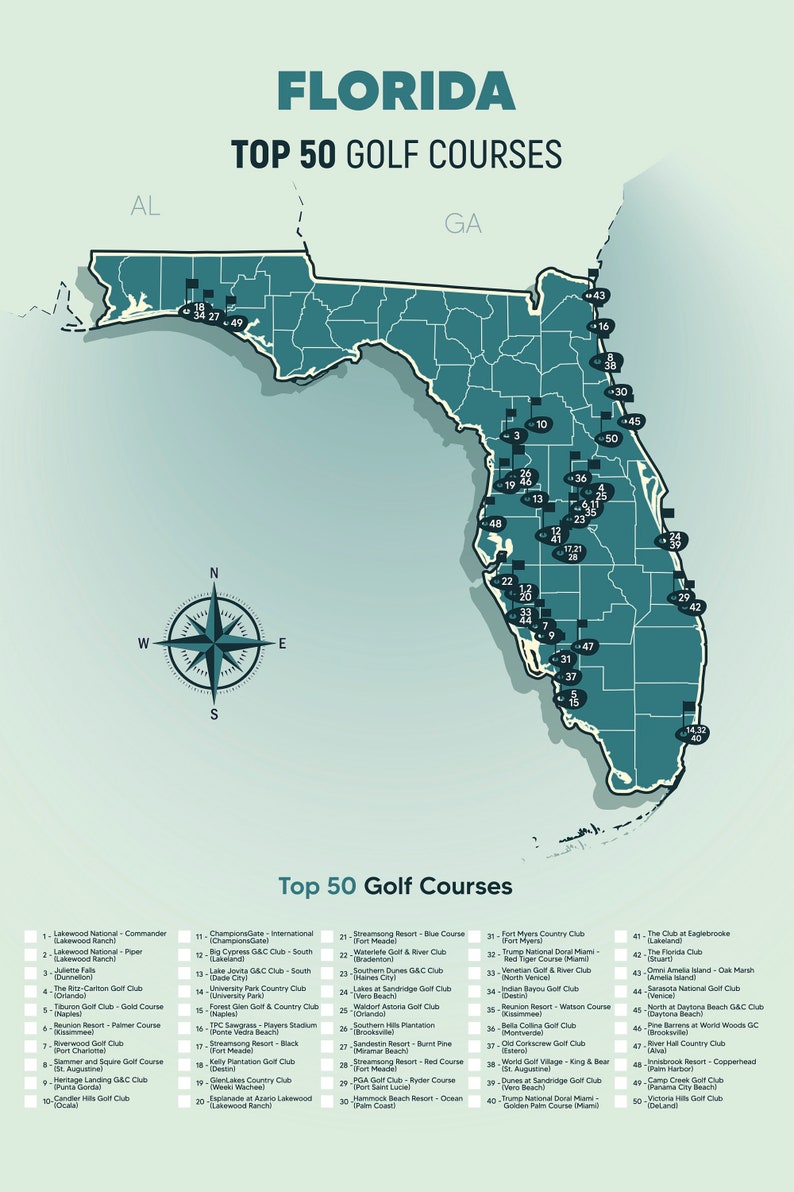 Florida Top 50 Golf Courses Map - Etsy