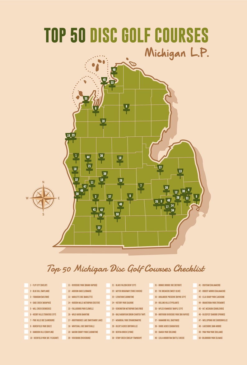 Disc Golf Top 50 Michigan Courses Map Etsy