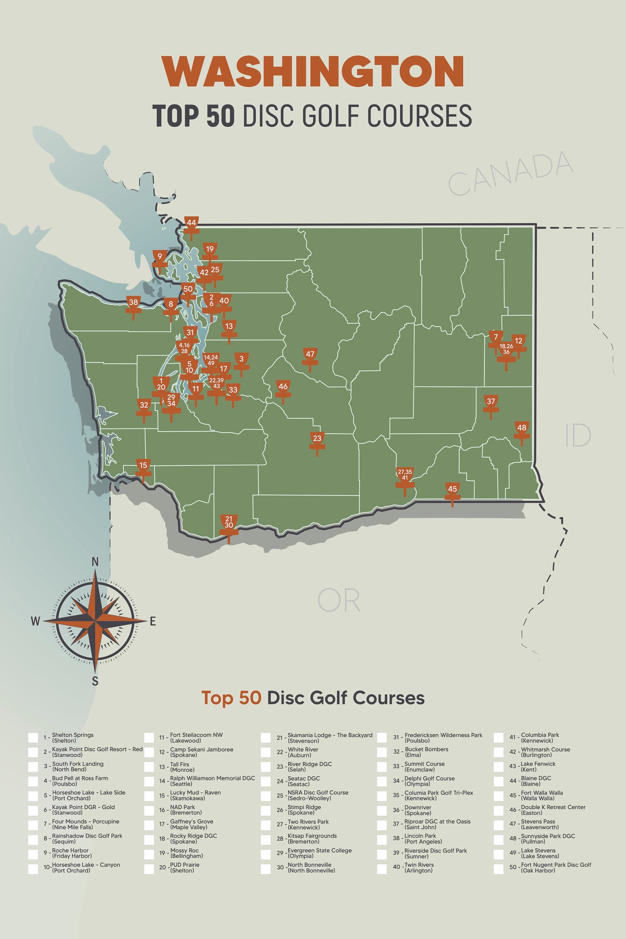 Washington Disc Golf Top 50 Courses Map - Etsy
